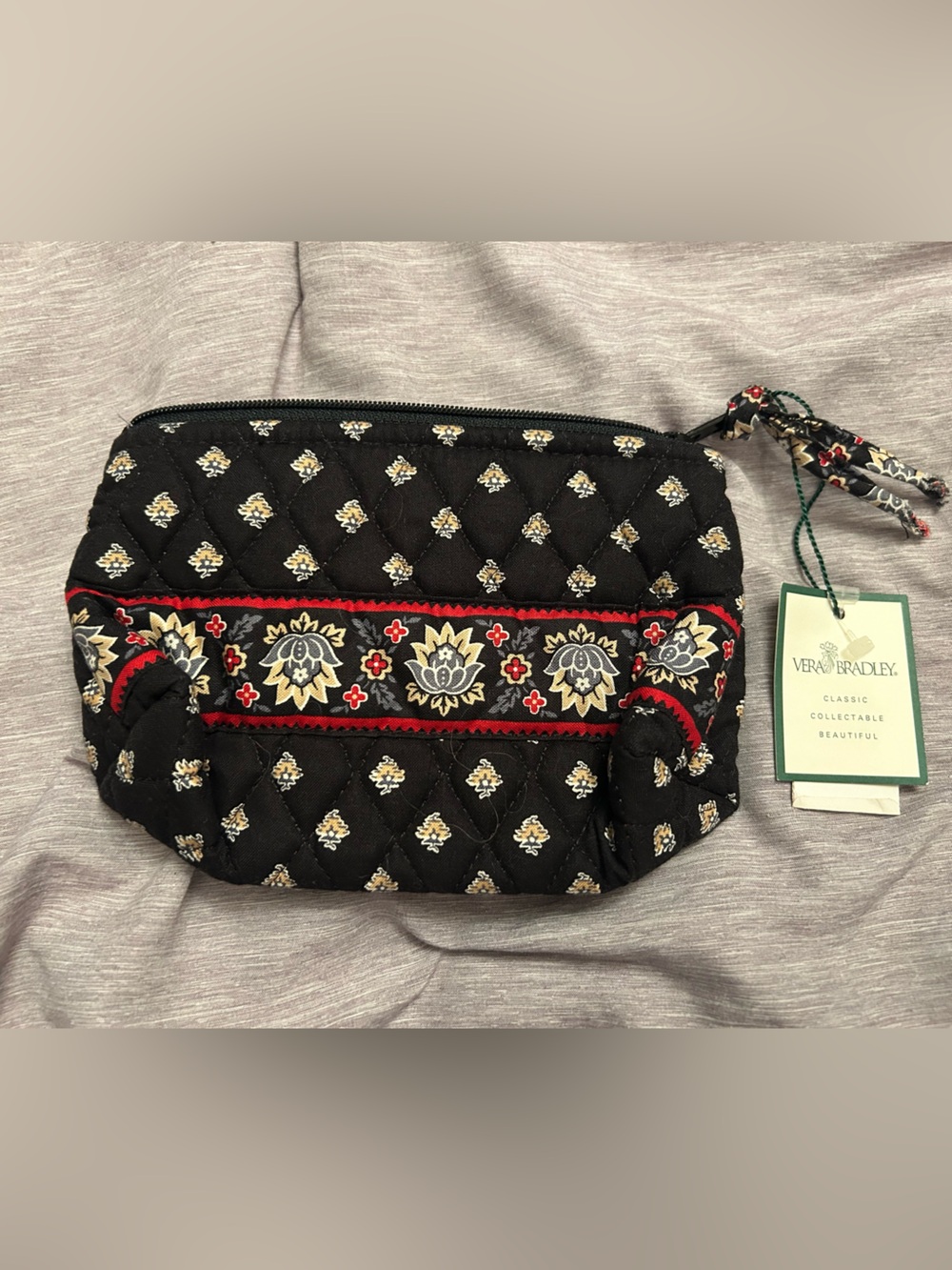 NWT Vintage Vera Bradley Retired Black Lotus Small Cosmetic Bag Quilted Zip Pouc